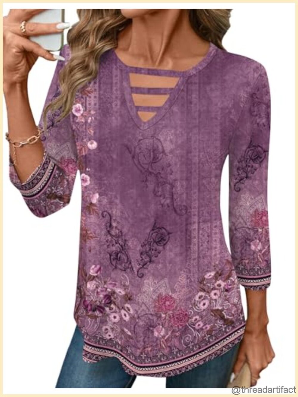 Womens 3/4 Sleeve Crew Neck Hollow Out Tunic Top Polyester Rayon Spandex